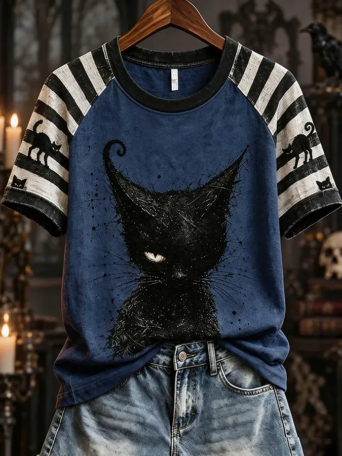 Women'S Autumn Halloween Black Cat Art Printed T-Shirt