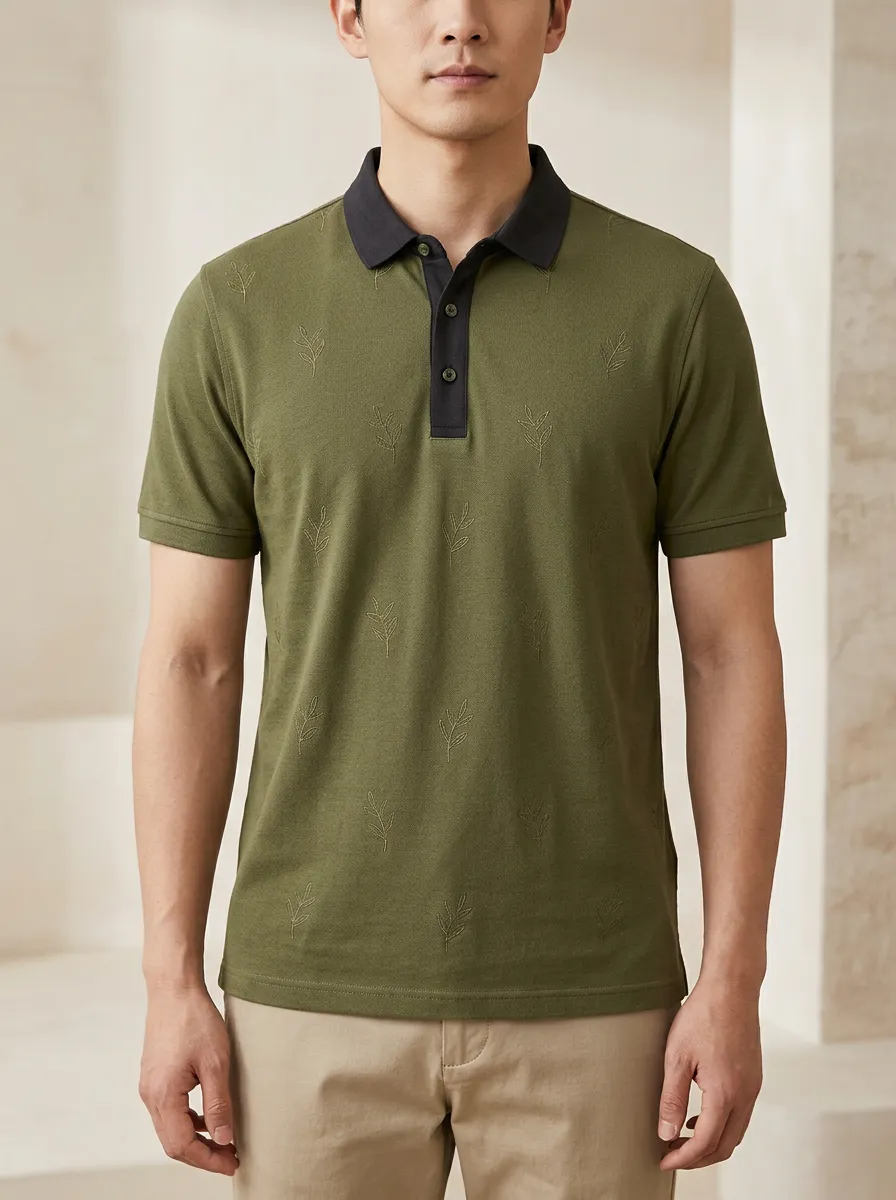 Leaf-Pattern Embroidered Men's Polo Shirt
