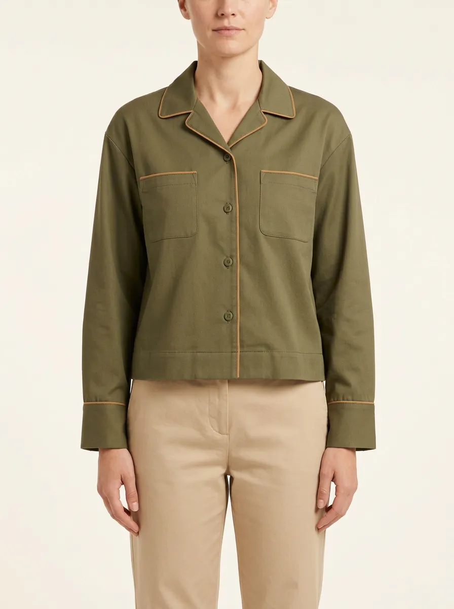 Women's Camp-Collar Contrast-Piped Dropped-Shoulder Shirt