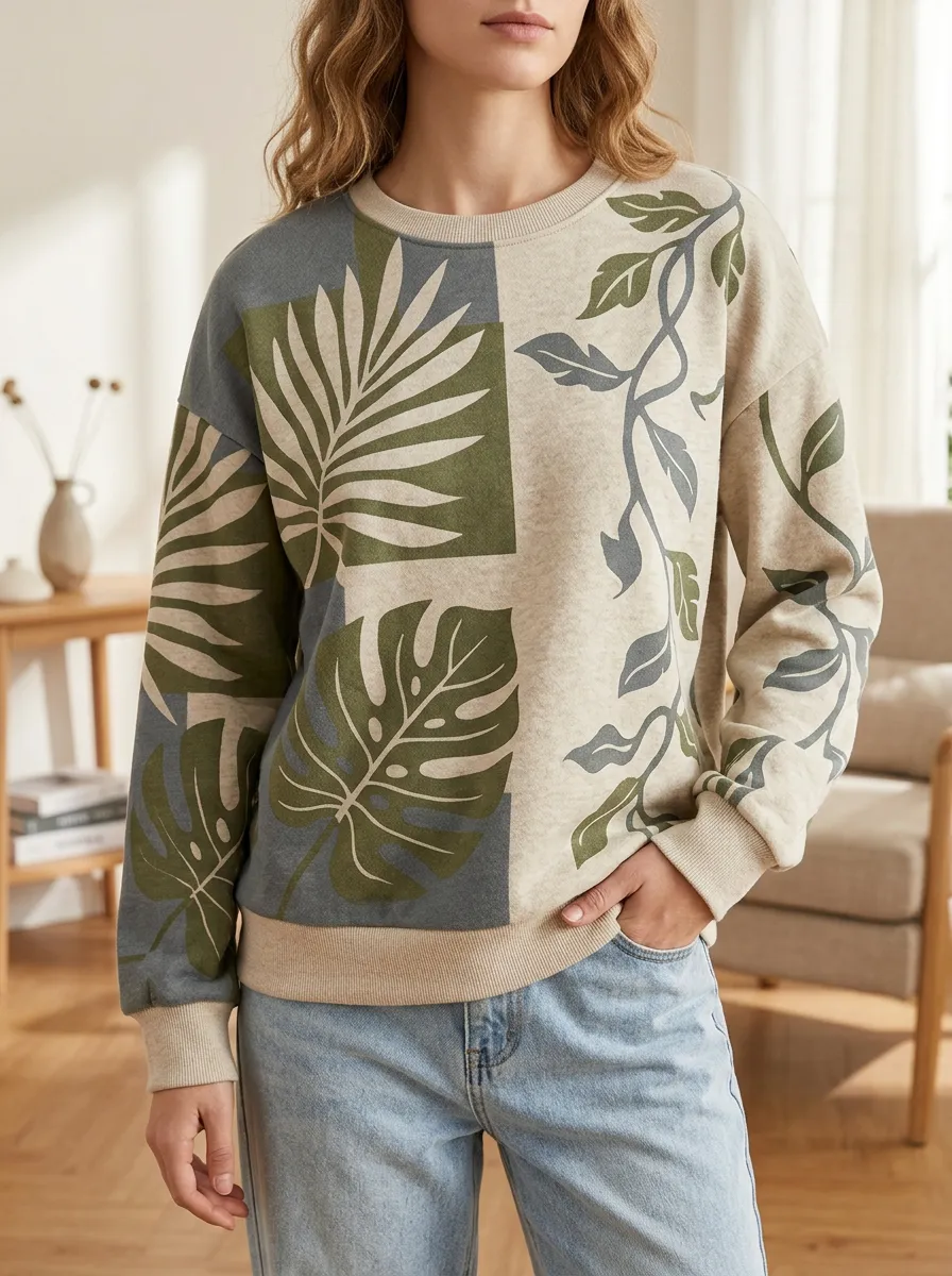 Women's Botanical Nature Lover Tropical Leaf Printed Fleece Sweatshirt