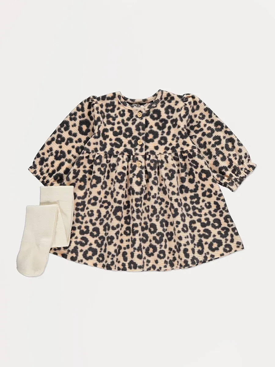 Cream Soft Leopard Print Dress and Tights Outfit