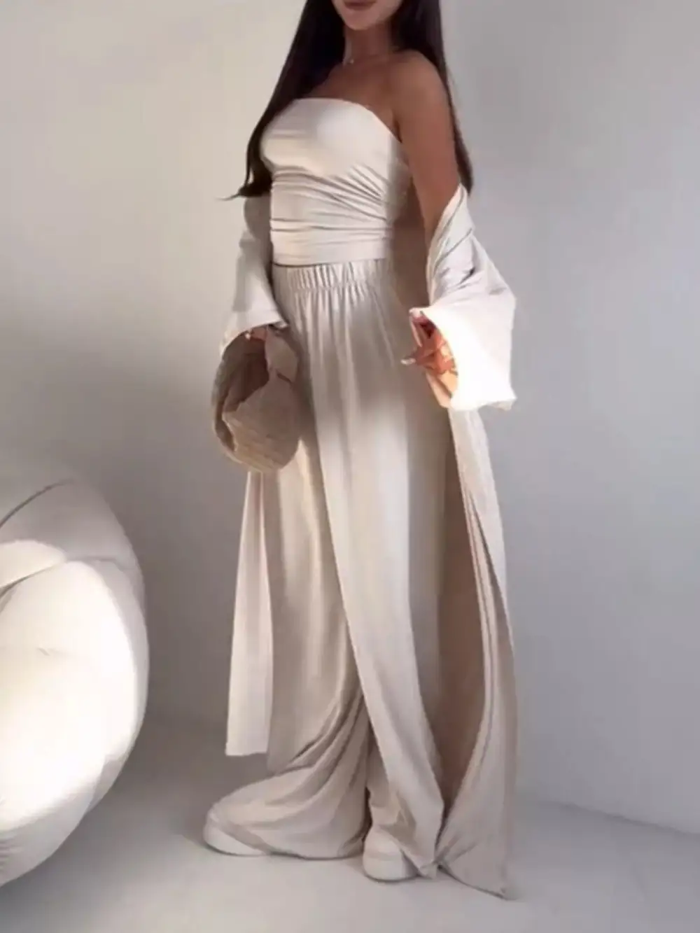 Tube Top & Cardigan & Wide Leg Pants Piece