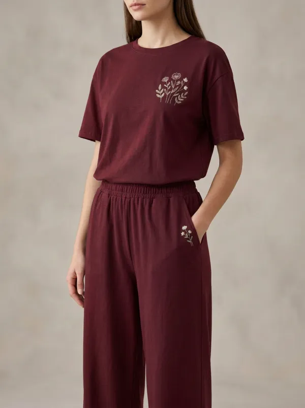Women's Floral Embroidered Drop-Shoulder Crewneck Top And Wide-Leg Trouser Lounge Set