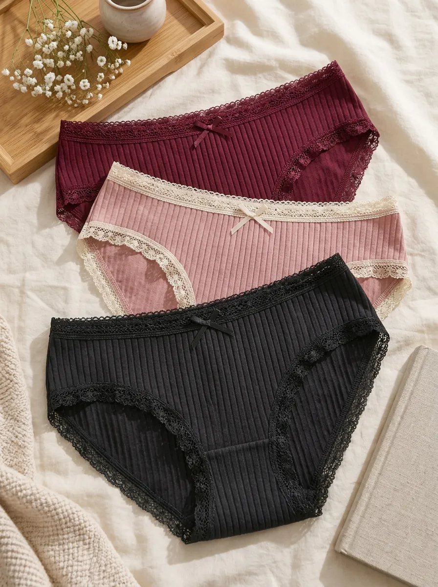 Women's Bow Detail Rib Texture Lace Trim 3-Piece Underwear Set