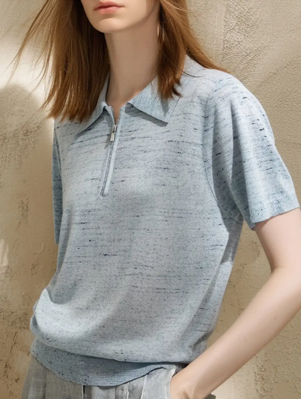 Knit Polo Zip Short Sleeve Top