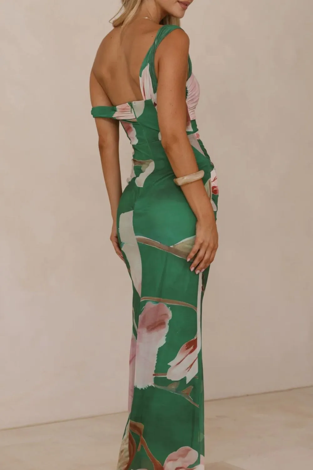 Classic Floral Print One Shoulder Ruched Maxi Dress