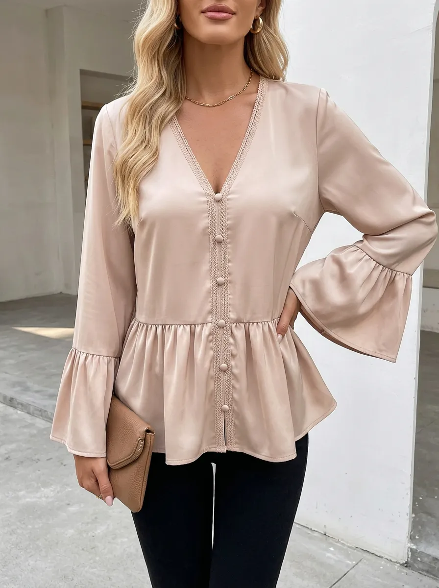 V-Neck Lace Trim Bell Sleeve Buttoned Blouse