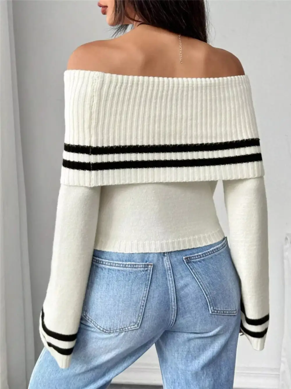 Off-Shoulder Striped Flare Sleeve Sweater