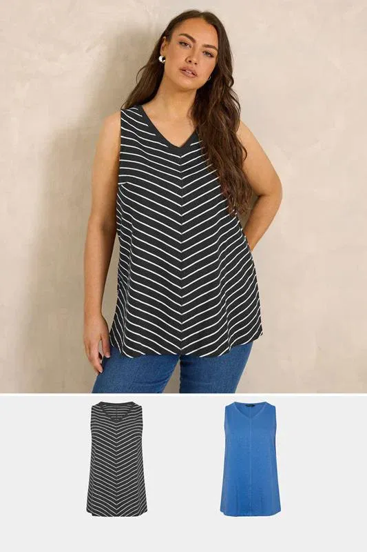 ESSENTIAL Curve 2 Pack Blue & Black Cotton Vest Tops