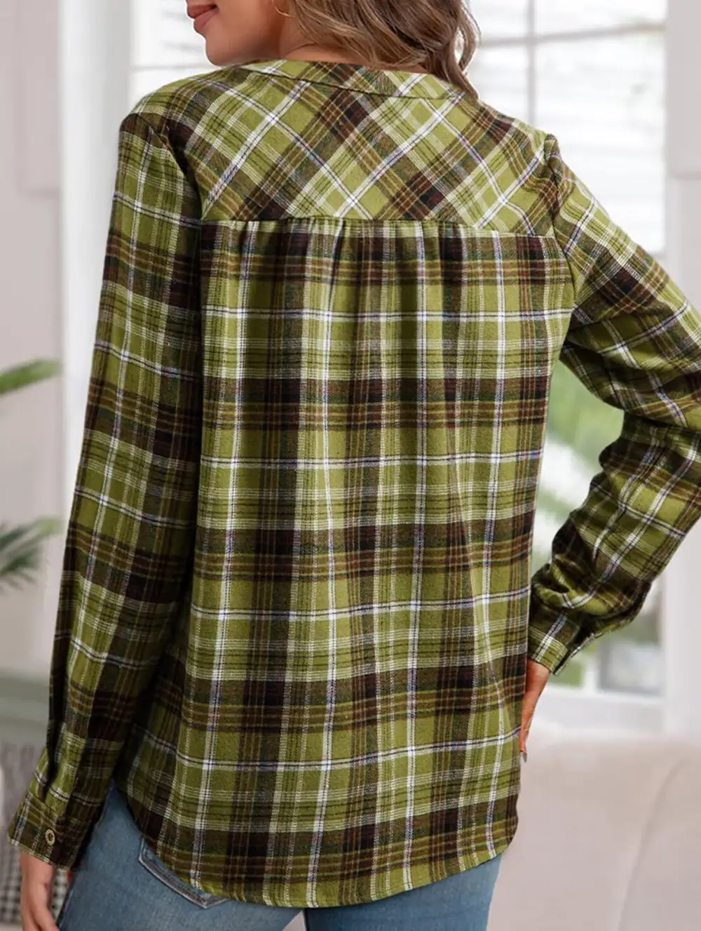 V Neck Plaid Button Shirt