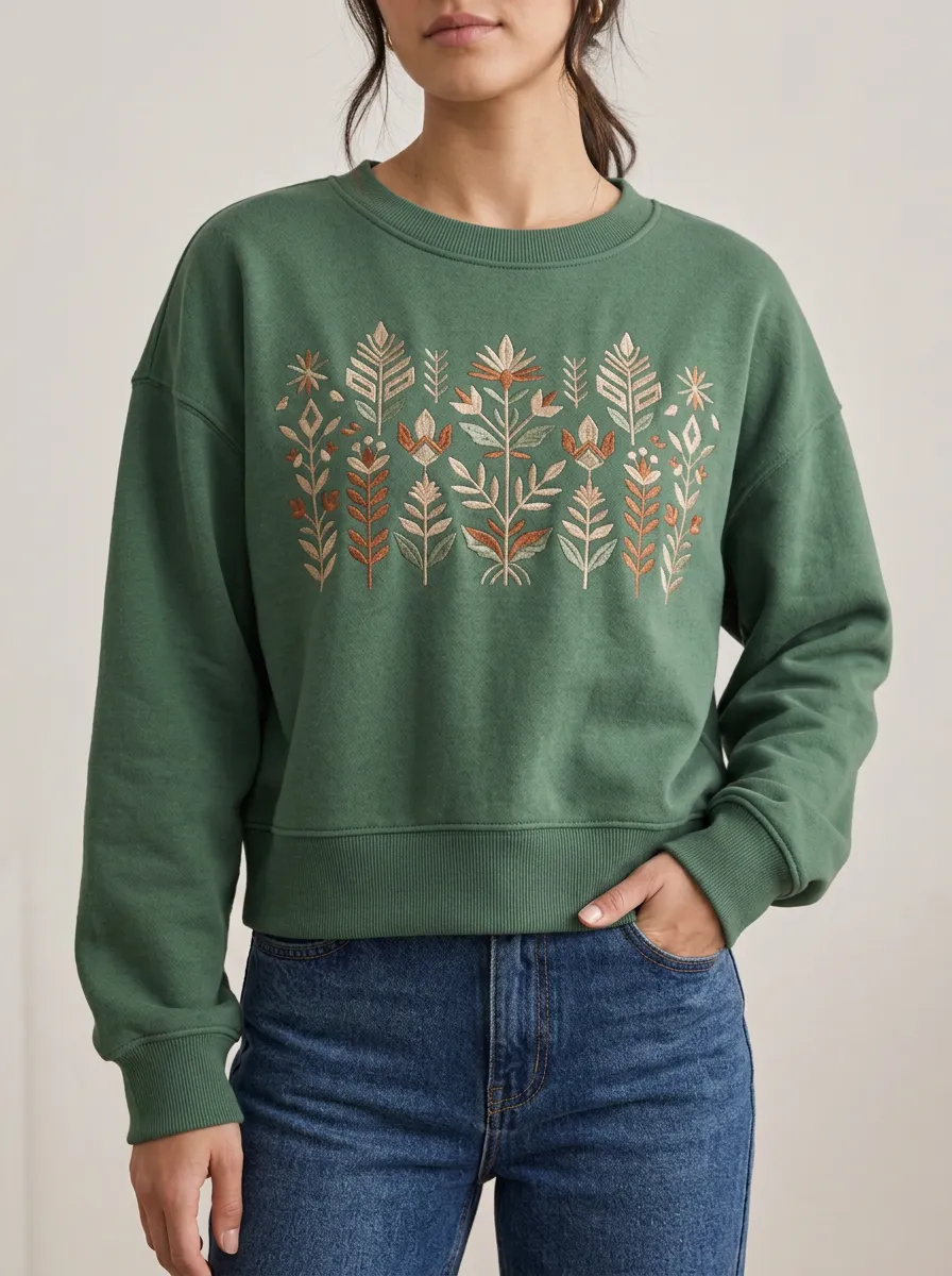 Women's Embroidered Graphic Refined Botanical Floral Crewneck Sweatshirt