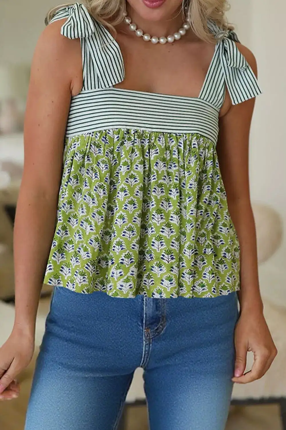 Tie-Strap Floral-Print Cotton Tank Top