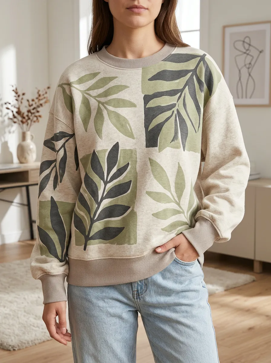 Women's Botanical Print Crewneck Sweatshirt Crew Neck Drop Shoulder