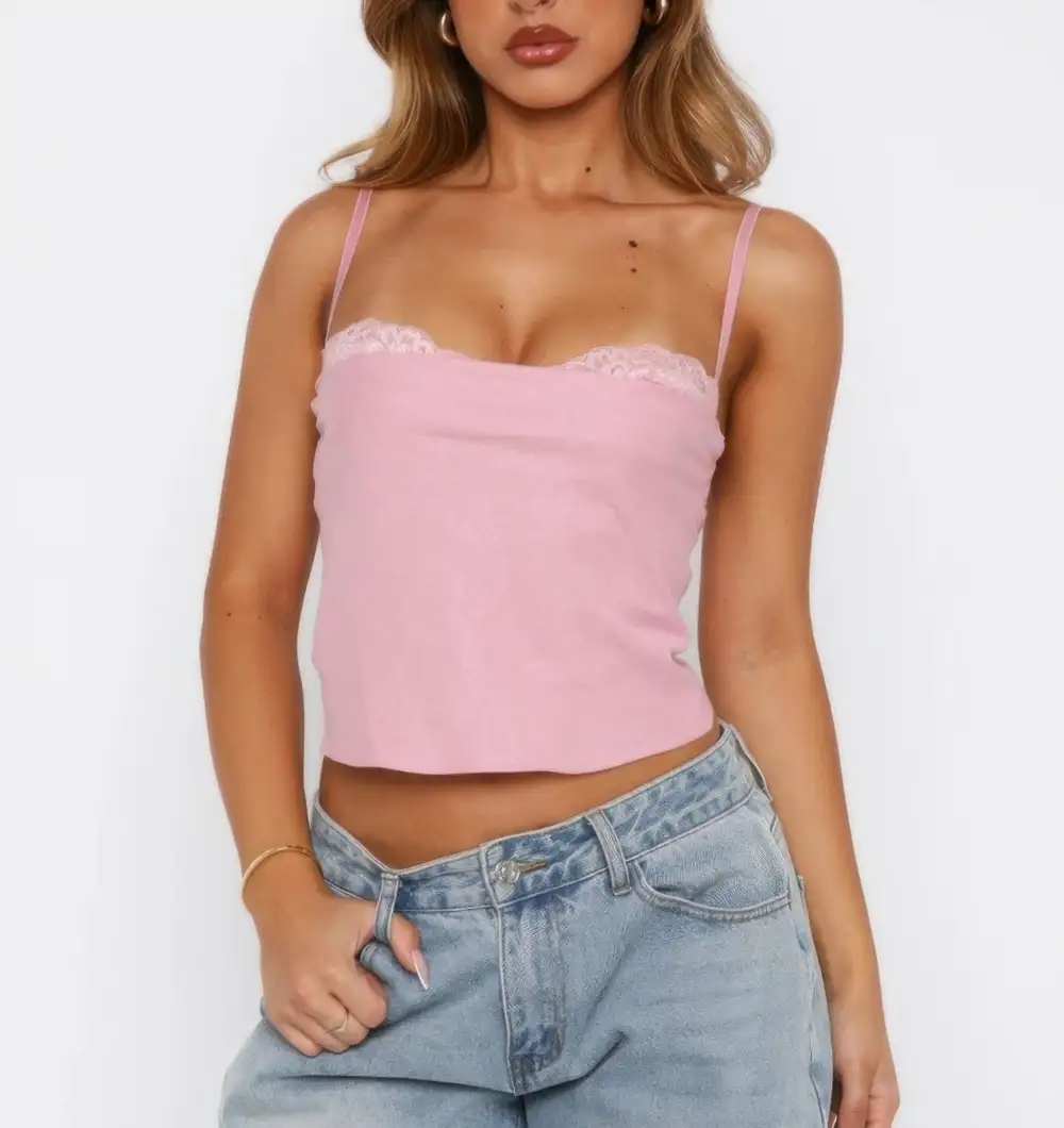 Solid Back Knot Lace Trim Sleeveless Shirt