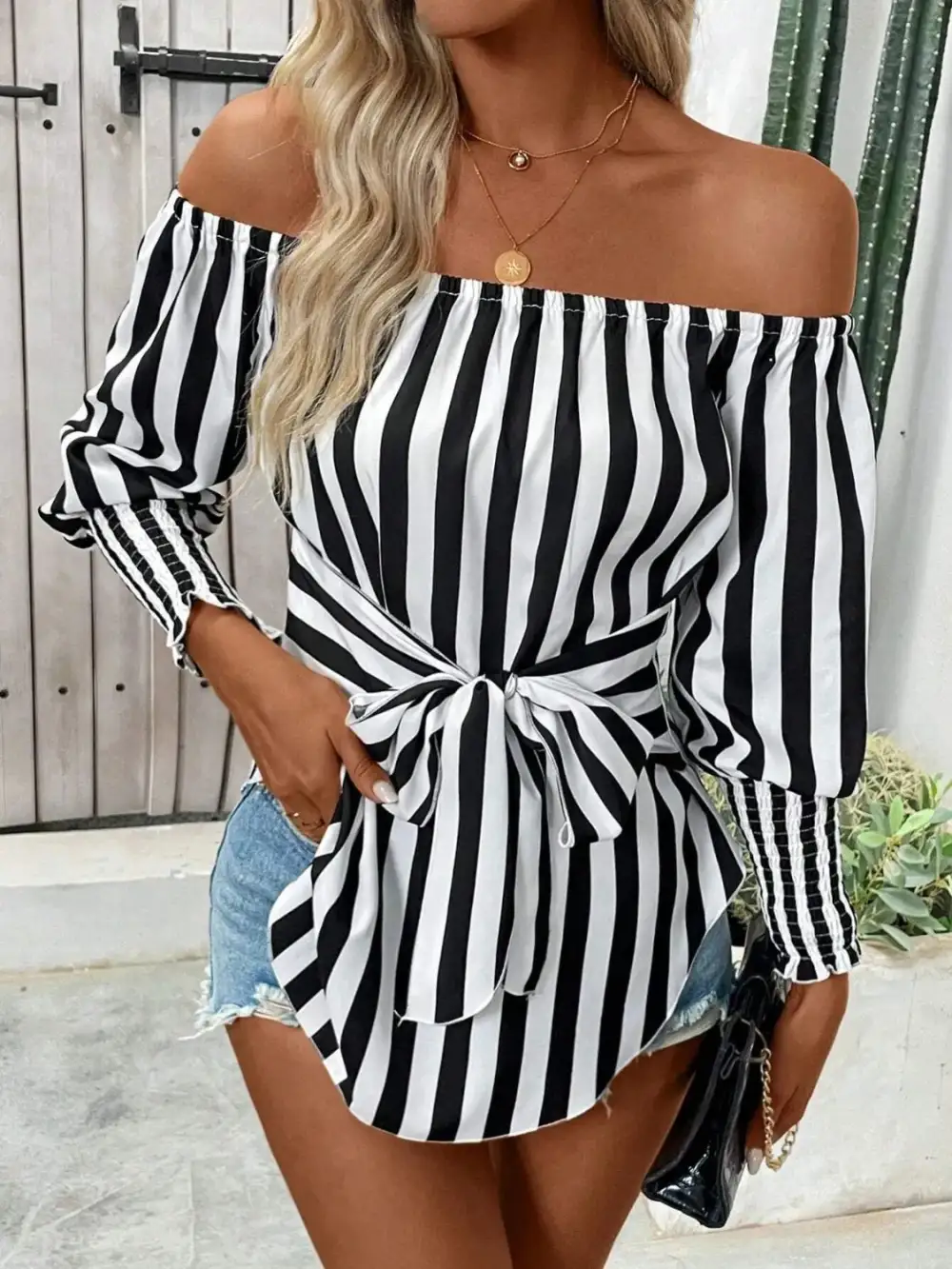 Striped Off-Shoulder Long Sleeve Blouse