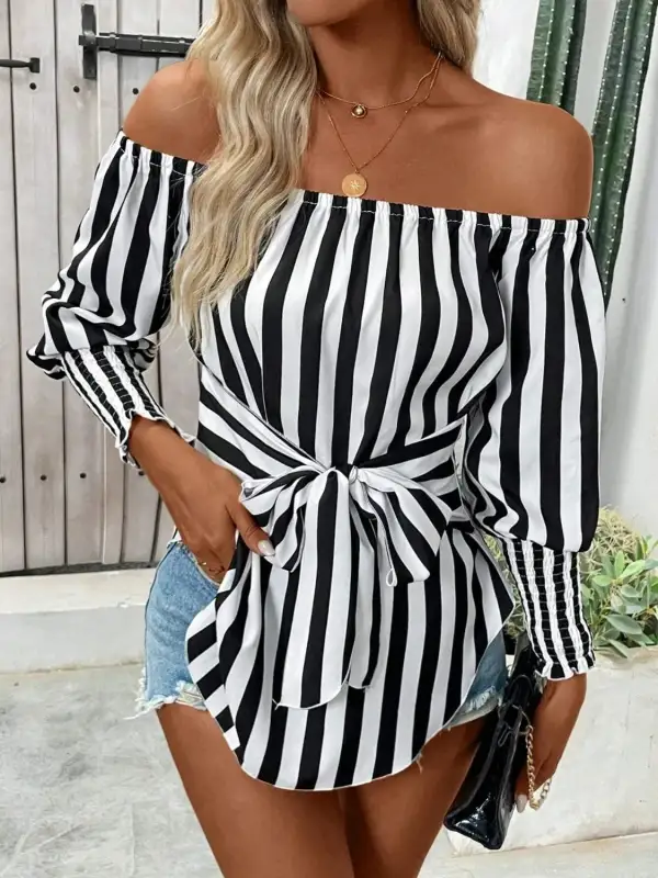 Striped Off-Shoulder Long Sleeve Blouse