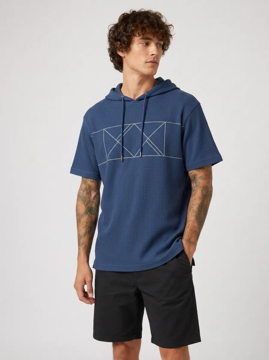 Men's Geometric Pattern Waffle Knit Printed Hoodie T-shirt