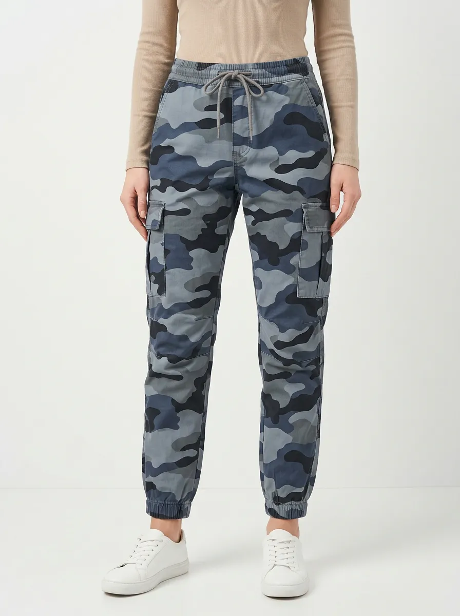 Women's Camouflage Mid-Rise Elastic-Waist Drawstring Button-Flap Pocket Slant-Pocket Cargo Joggers