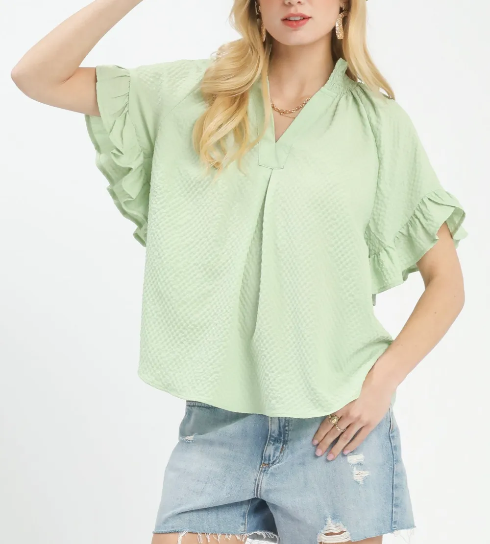Textured Ruffle Sleeve Blouse