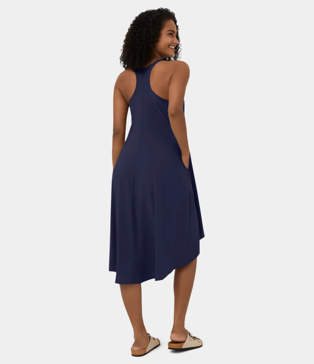 Breezeful Backless Racerback Side Pocket High Low Flowy Midi Quick Dry Casual Dress