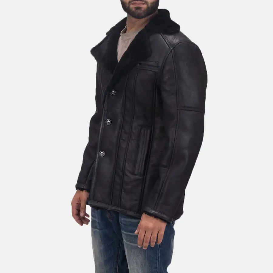 Men's Leather Fur Trim Shearling Coat