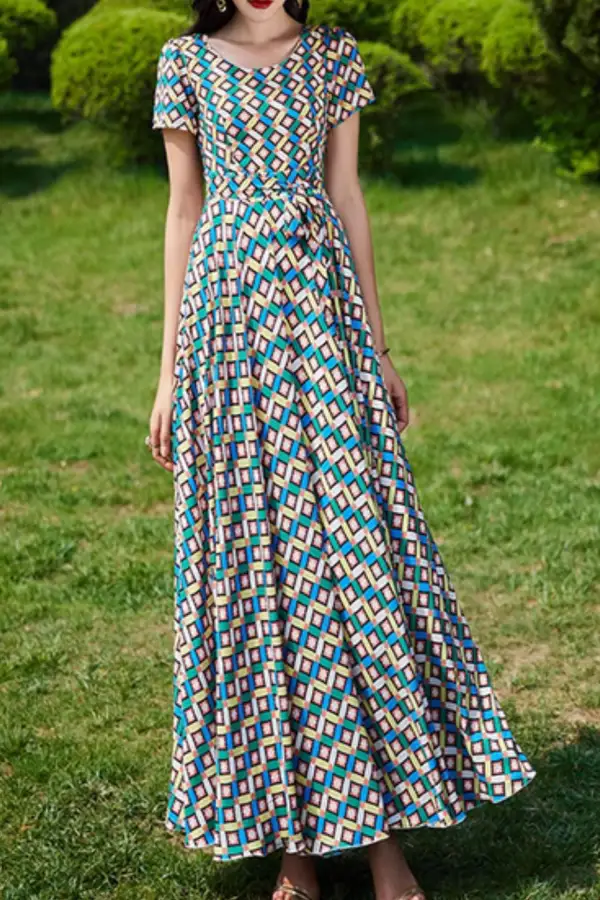 Printed Chiffon Fit And Flare Short Sleeve Maxi Dress