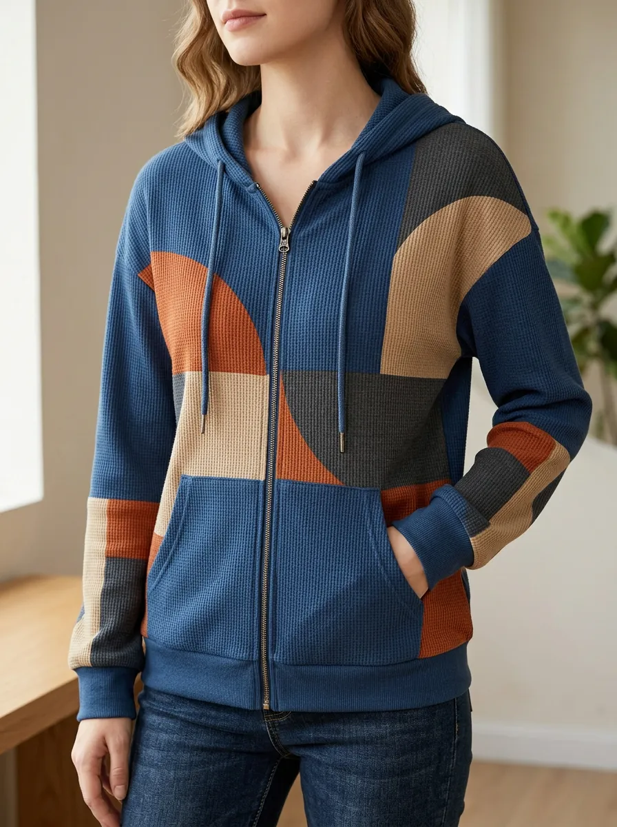 Women's Geometric Colorblock Signature Direction Waffle Zip-Up Hoodie