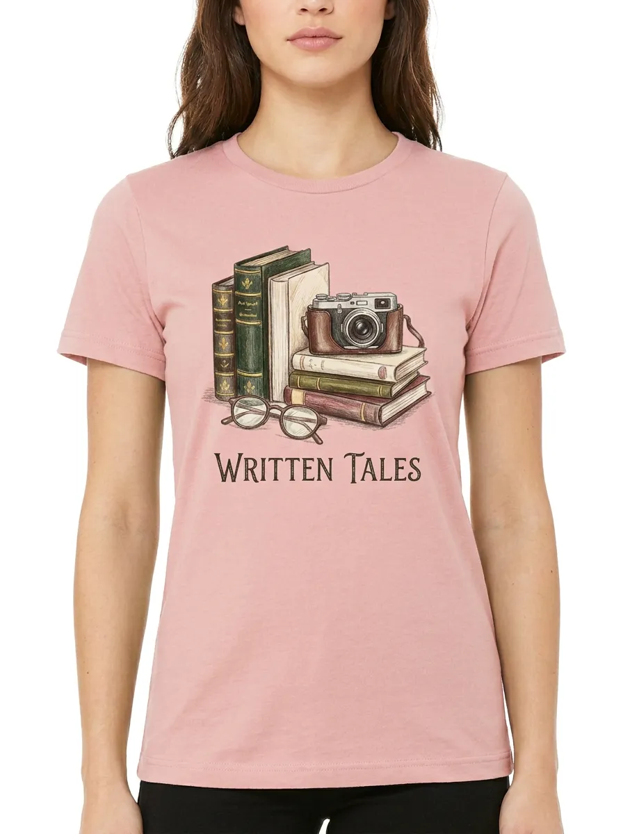 Women's Book Written Tales Vintage Camera Graphic T-Shirt