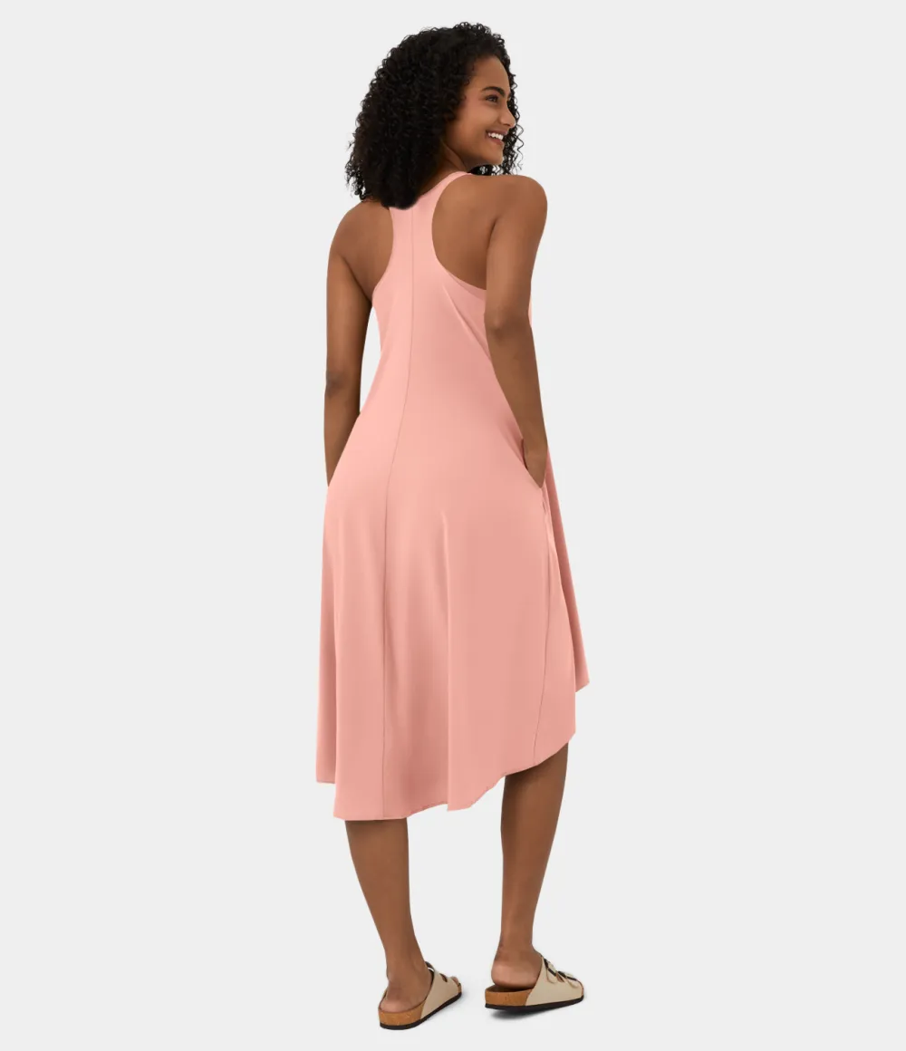 Breezeful Backless Racerback Side Pocket High Low Flowy Midi Quick Dry Casual Dress
