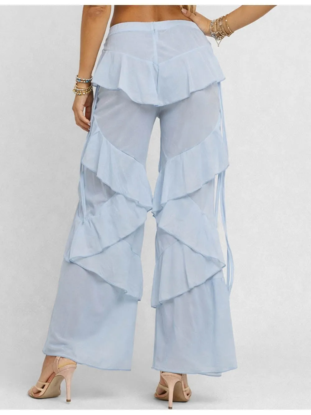 Boho Sheer Ruffle Elastic Waist Flared Leg Pants