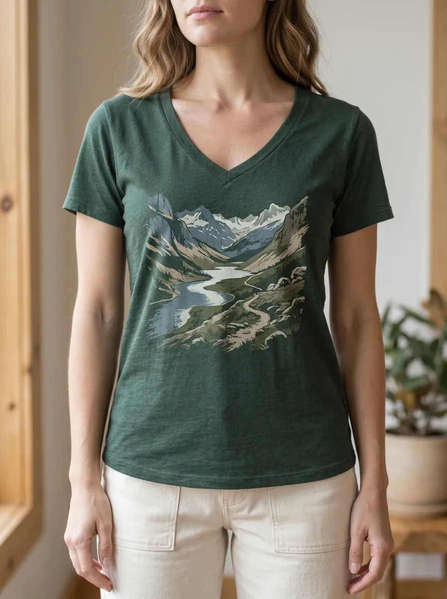 Women's Nature Hiking Lover Mountain River Printed V-Neck T-Shirt