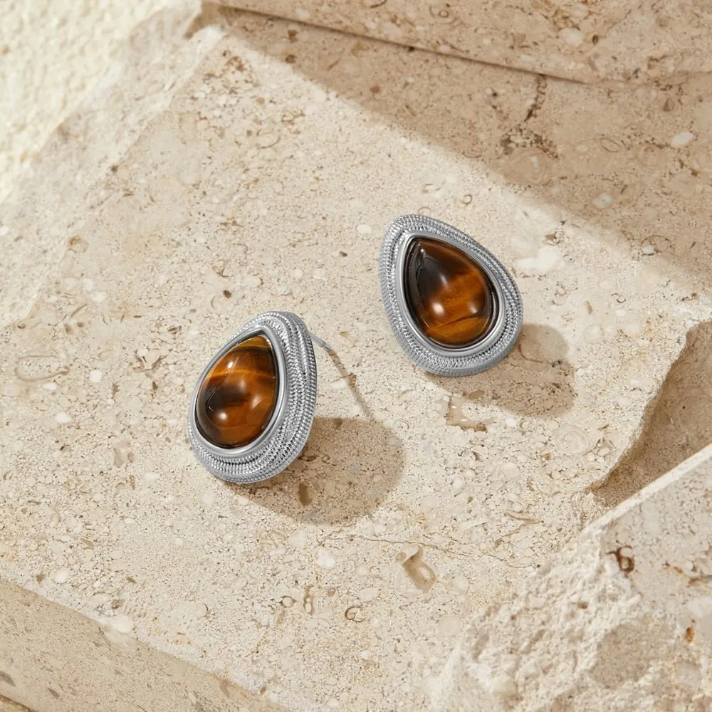 Stainless Steel Tiger Eye Teardrop Earrings