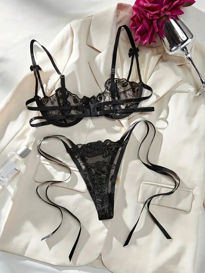 Embroidered Sheer Bra And Panty Set