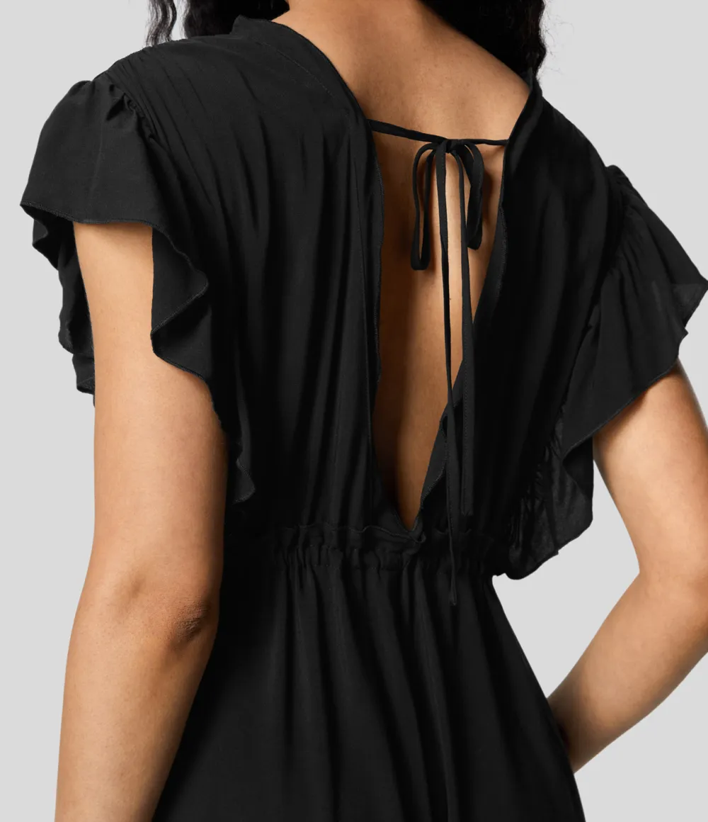 Deep V Neck Butterfly Sleeve Backless Drawstring Button Side Pocket Flowy Maxi Casual Dress