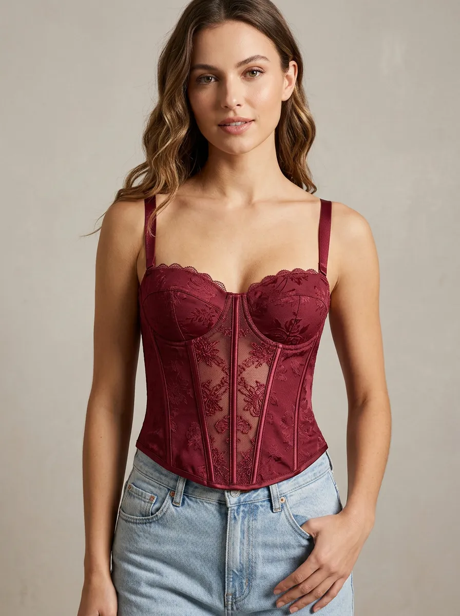 Floral-Lace Satin-Style Boned Women's Corset Top