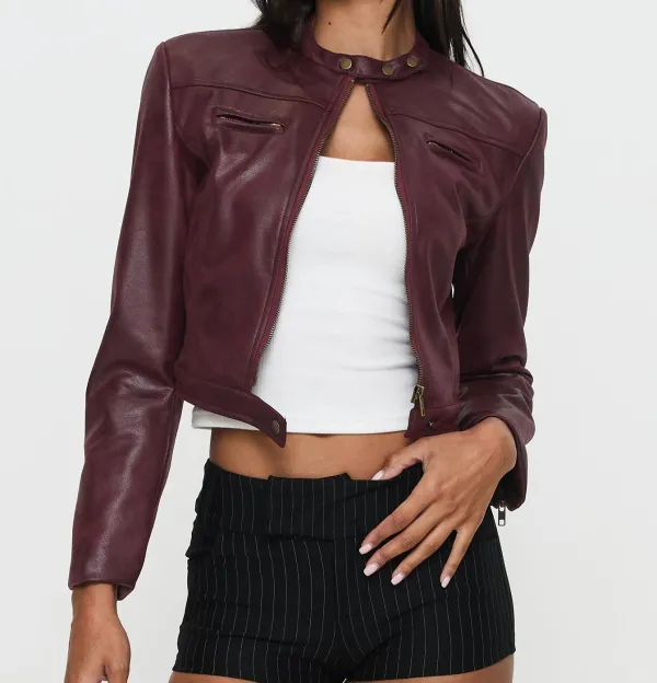 Burgundy Faux Leather Cropped Jacket