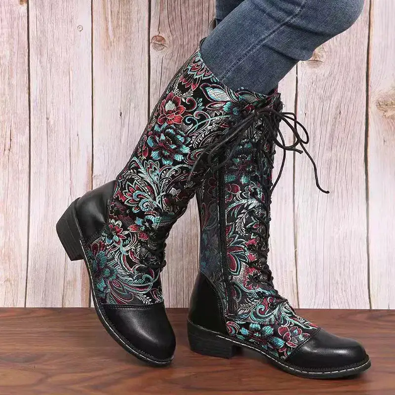 Embroidered Lace Up Block Heel Boots