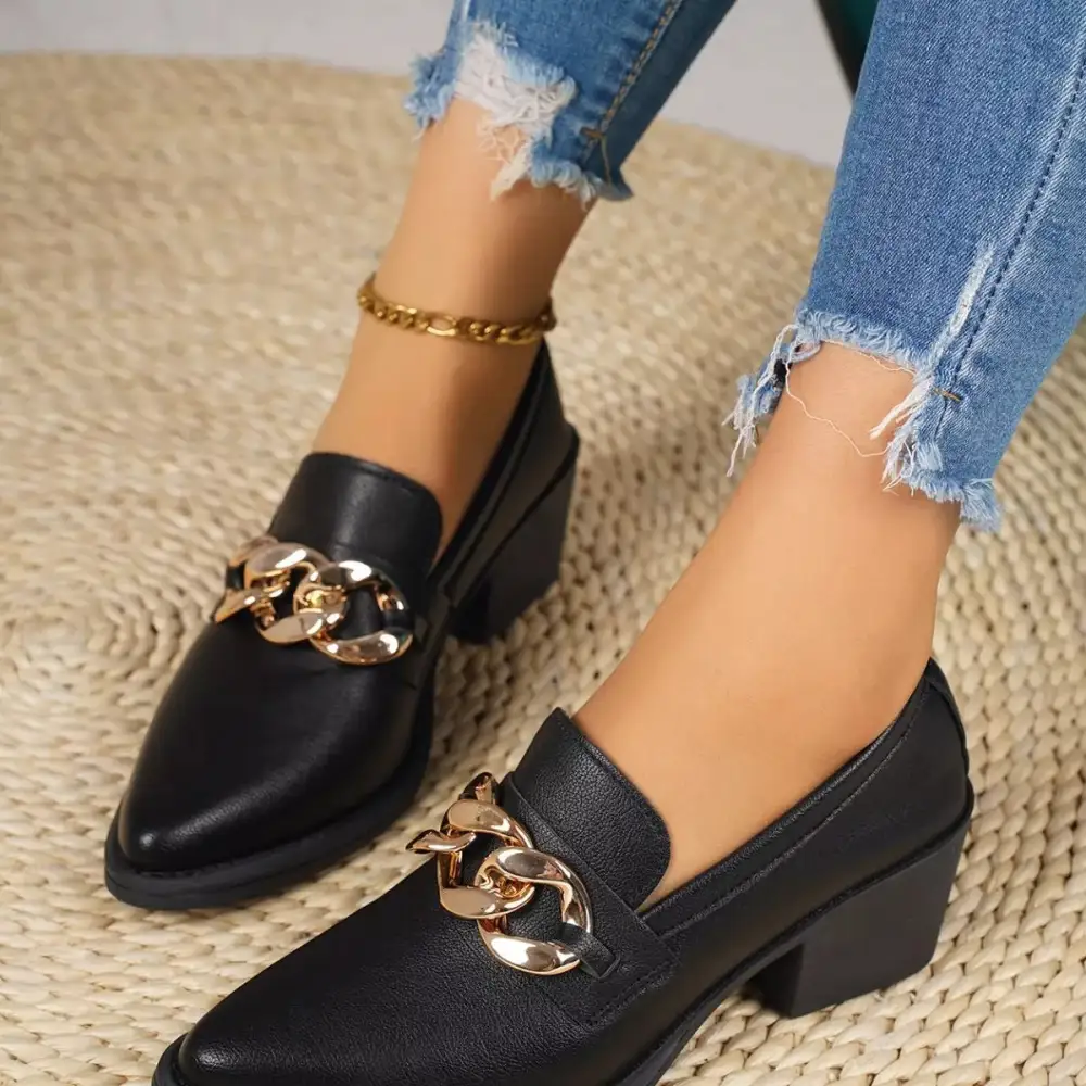 Textured Pointed Toe Block Heel Loafers