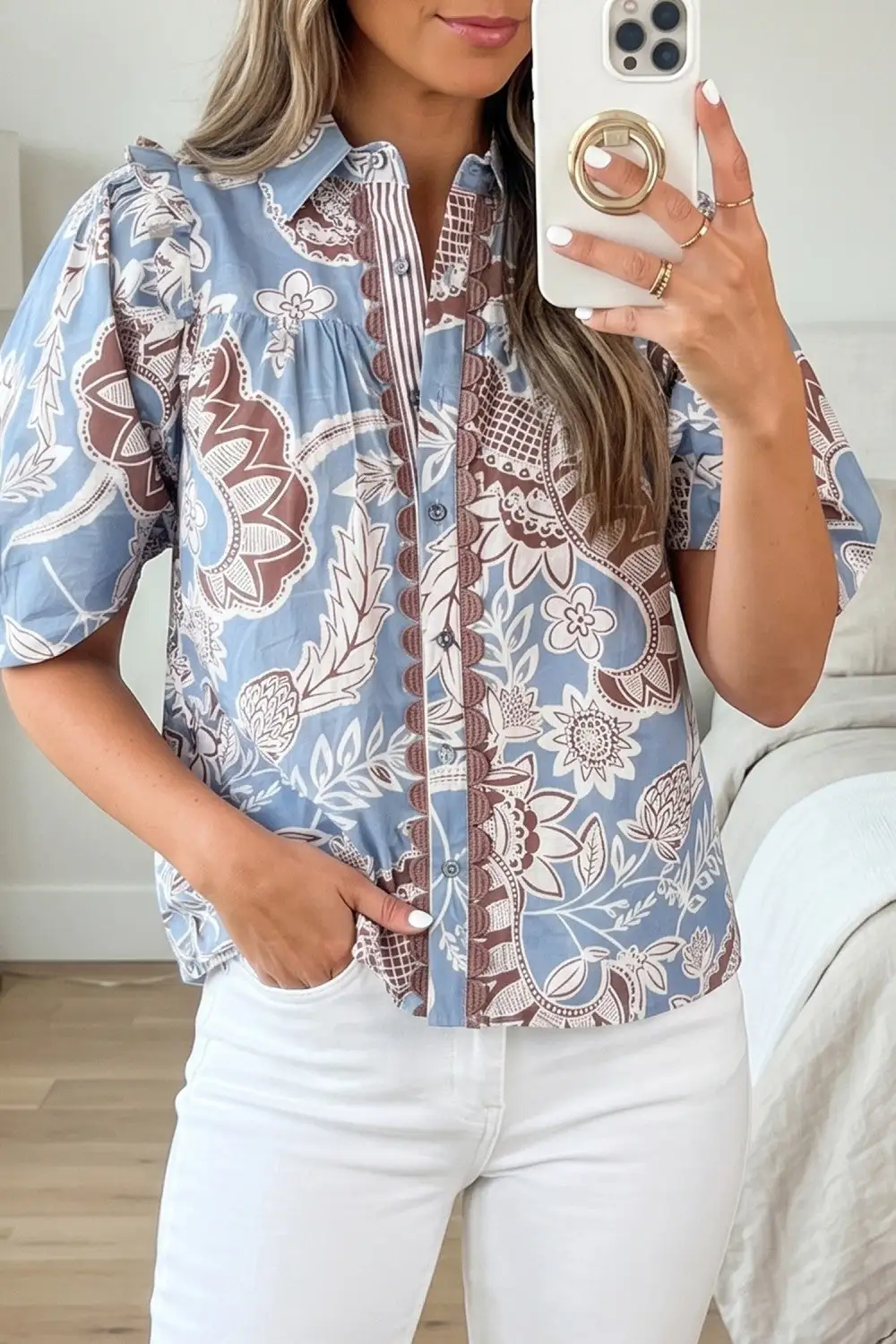 Floral Scalloped Trim Buttoned Blouse