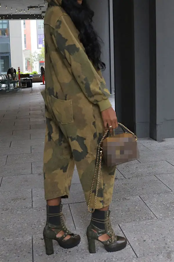 Camo Hooded Zip-Front Pocket Jumpsuit