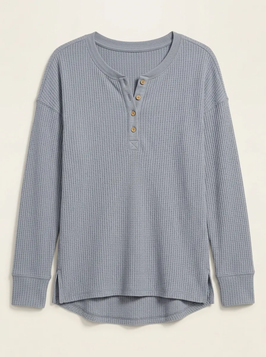Women's Casual Solid Color Waffle Knit Button Henley Shirt