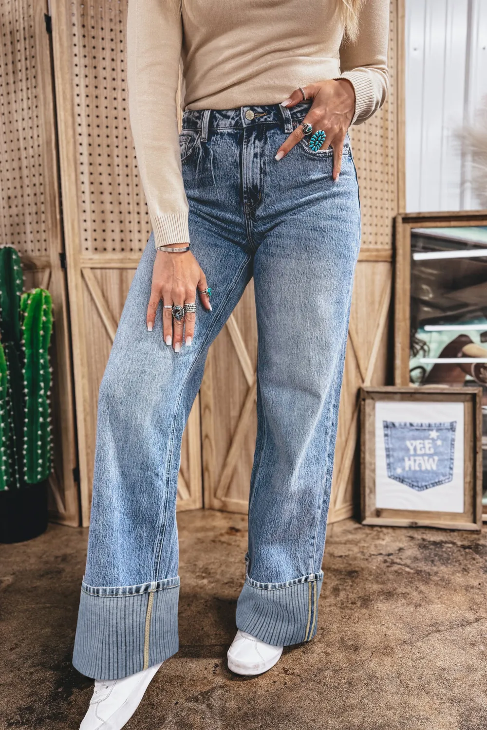 Washed Blue Cuffed Straight Jeans