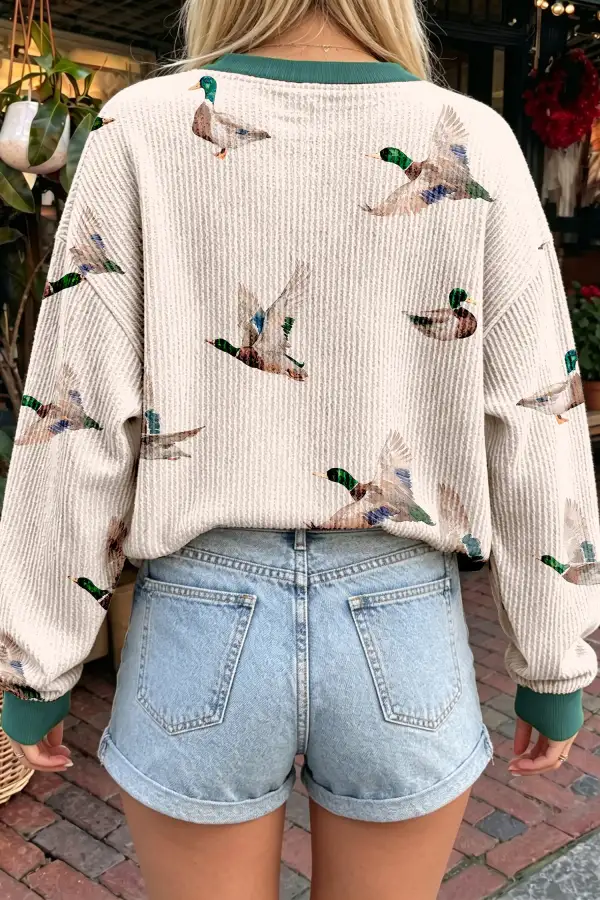 Western Print Crew Neck Ribbed Relaxed Stretch Fabric Long Sleeve Top