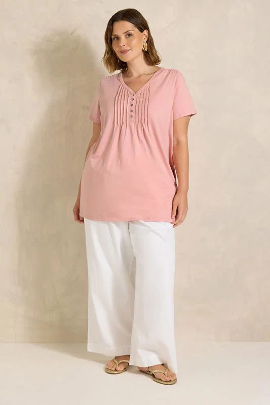 Pink Short Sleeve Cotton Henley Top detail 1