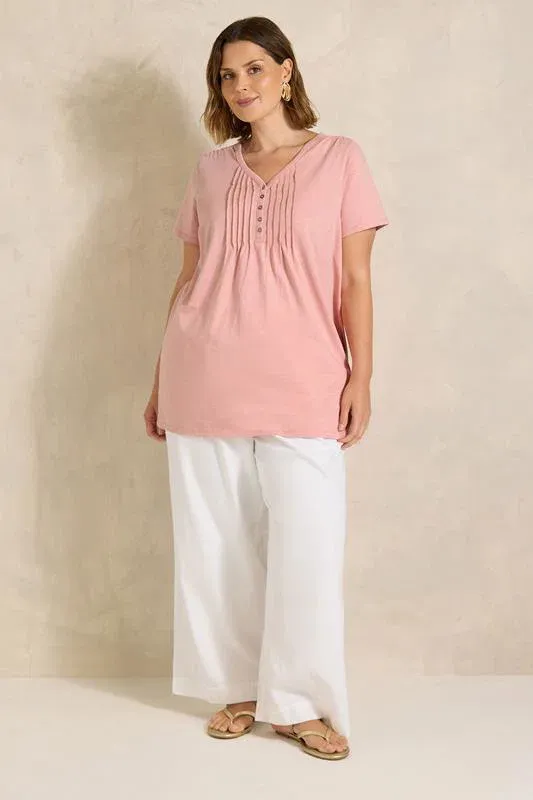 Pink Short Sleeve Cotton Henley Top