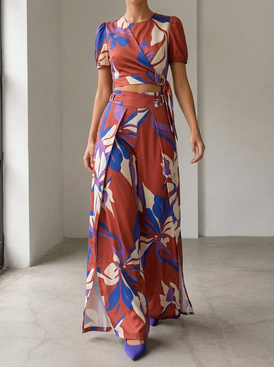 Women's Boho Floral Abstract Patterned Crop Wide Leg Pants Set
