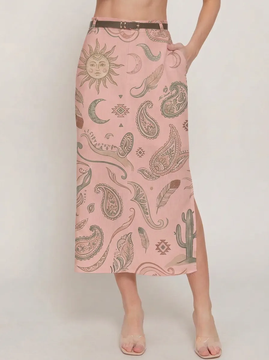 Women's Boho Celestial Paisley Cactus Printed Midi Skirt