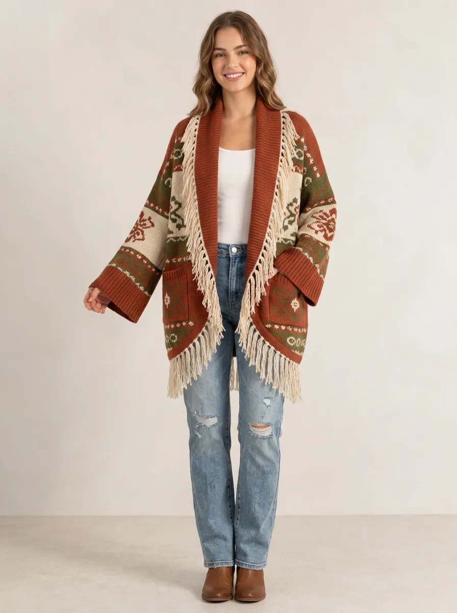 Women's Rust Patterned Fringe Open-Front Cardigan