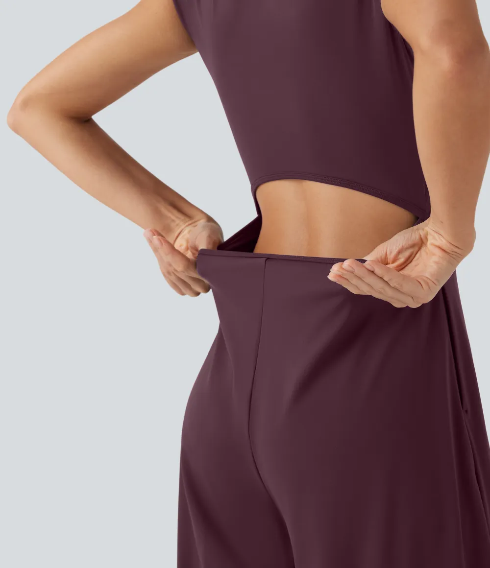 SoftlyZero Airy Short Sleeve Wide Leg Cool Touch Yoga Jumpsuit with Pockets-Easy Peezy Edition