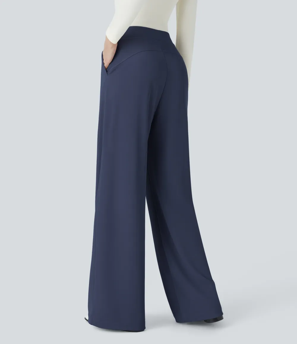  High Waisted Body Sculpt Waist-Slimming Side Pocket Wide Leg Micro Waffle Work Pants